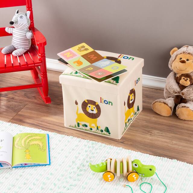 Cushion Top Collapsible Toy Box and Ottoman - Folding Bin Playroom, Bedroom or Nursery Organizer by Hey! Play!
