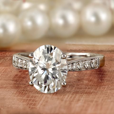Auriya 14k Gold 2 1/4ctw Vintage Oval Moissanite and Diamond Engagement Ring 1/4ctw