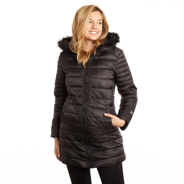 Poly 3/4 Puffer with Attached Hood Faux Trim