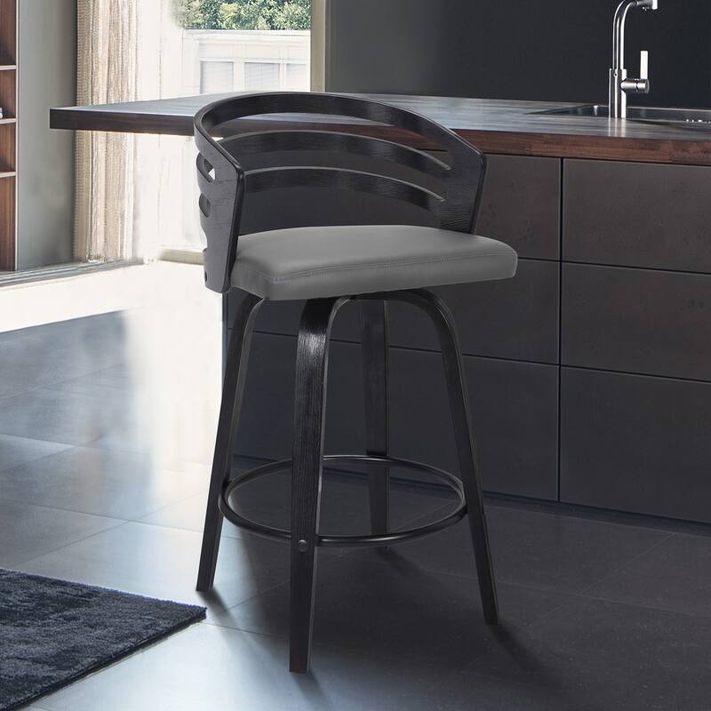 Carbon Loft Evan Swivel Bar Stool in Black Brush Wood and Grey Faux Leather - Bar Height