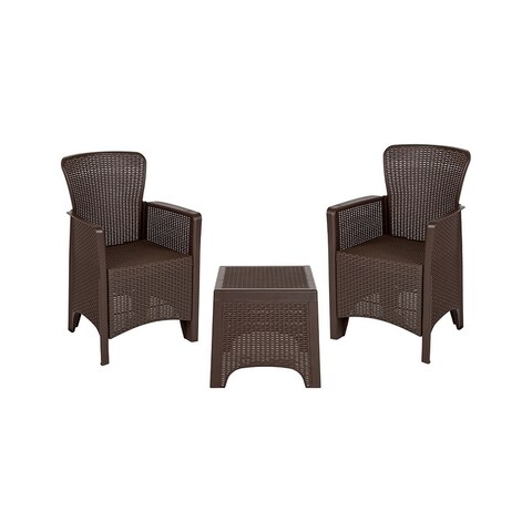 Offex Chocolate Faux Rattan Plastic Chair Set with Matching Side Table