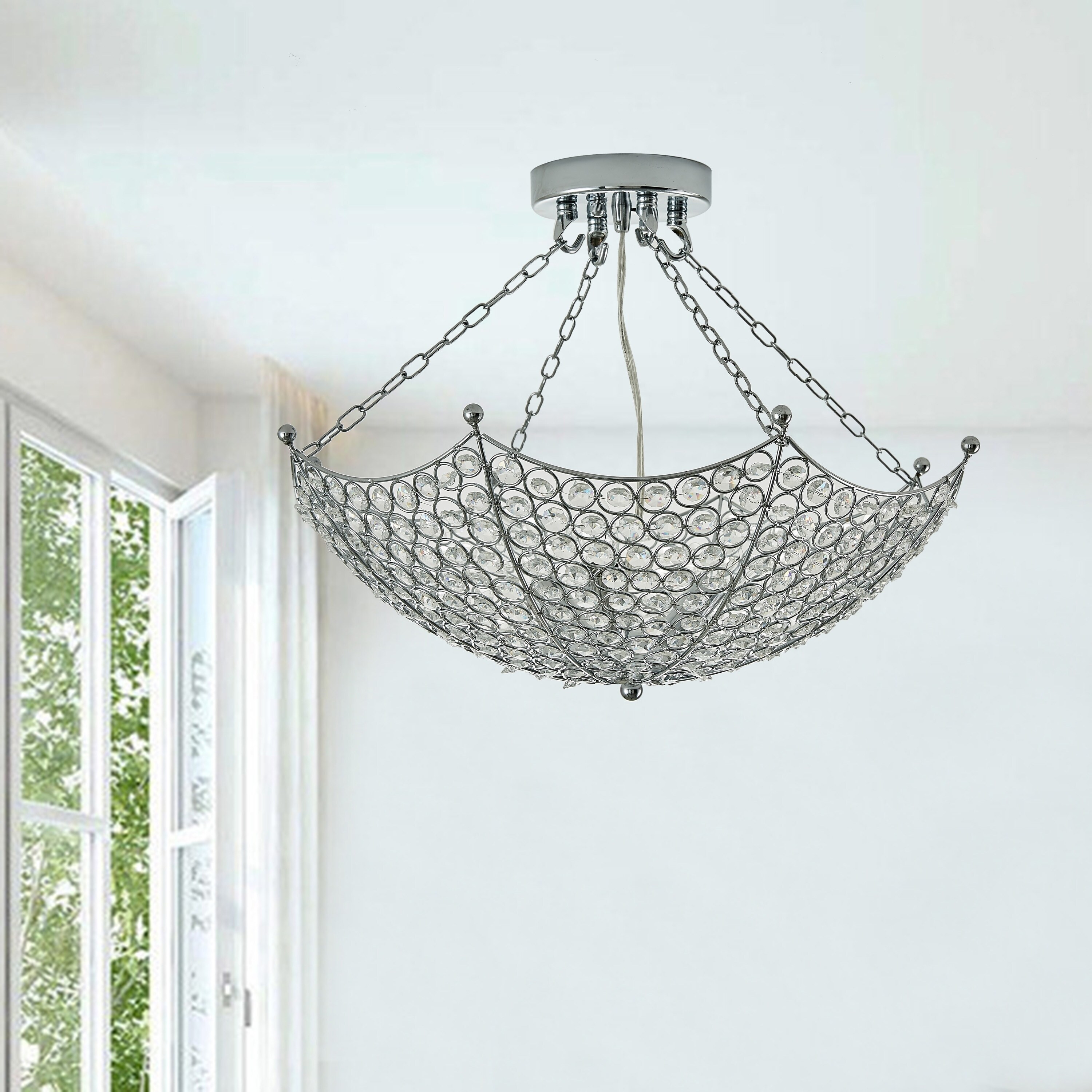 Francisca Chrome Umbrella-shaped Crystal Semi-Flush Mount Chandelier - Chandeliers For Bedrooms by Overstock.com