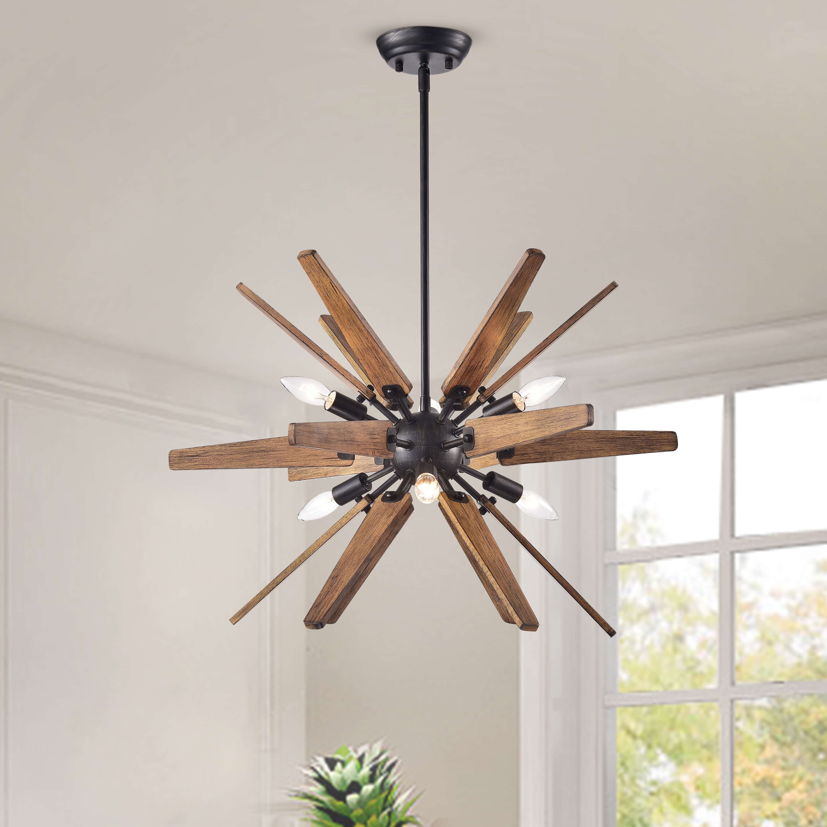 Bernice 6-Light Antique Black Sputnik Natural Wood Chandelier - Chandeliers For Bedrooms by Overstock.com