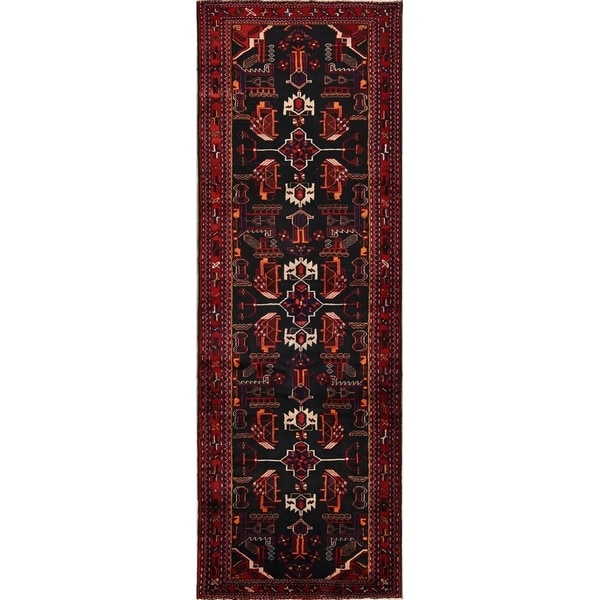 Handmade Wool Geometric Hamedan Persian Rug - 10'5" x 3'6" runner