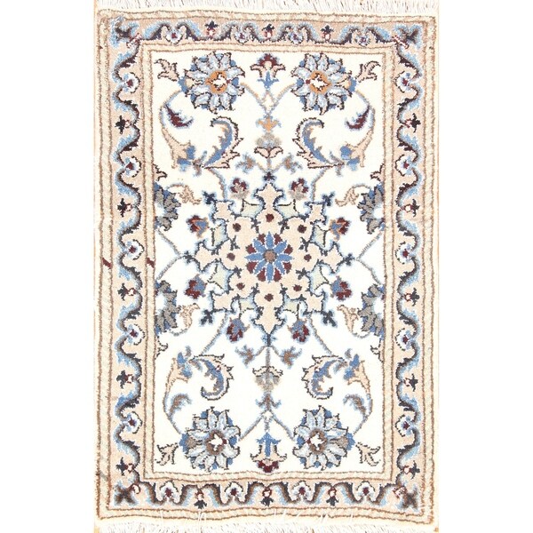 Hand Knotted Wool Floral Nain Isfahan Persian Area Rug - 2'10" x 1'10"