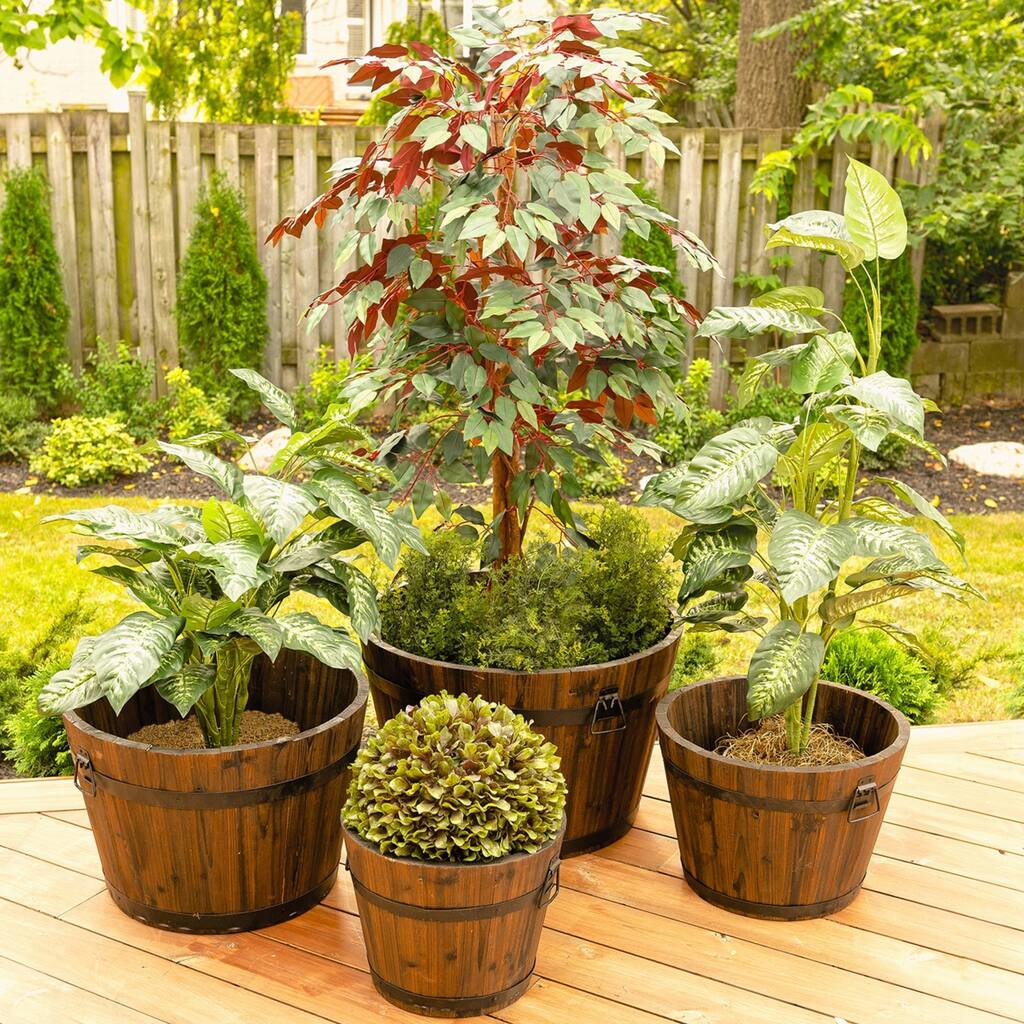 Set of 4 Large Barrel Style Round Wooden Planters
