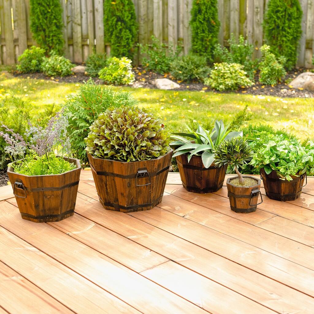Set of 5 Barrel Style Octagonal Wooden Planters