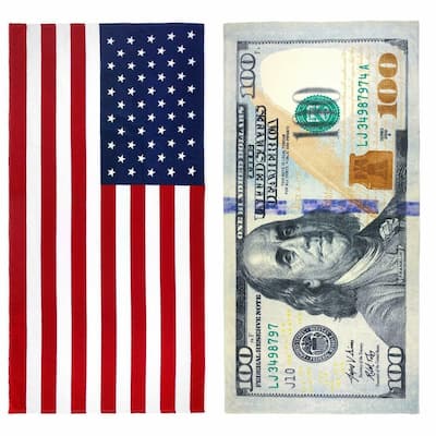 KAUFMAN - 100 Dollar Bill & American Flag Printed Beach Towel Set 30x60 