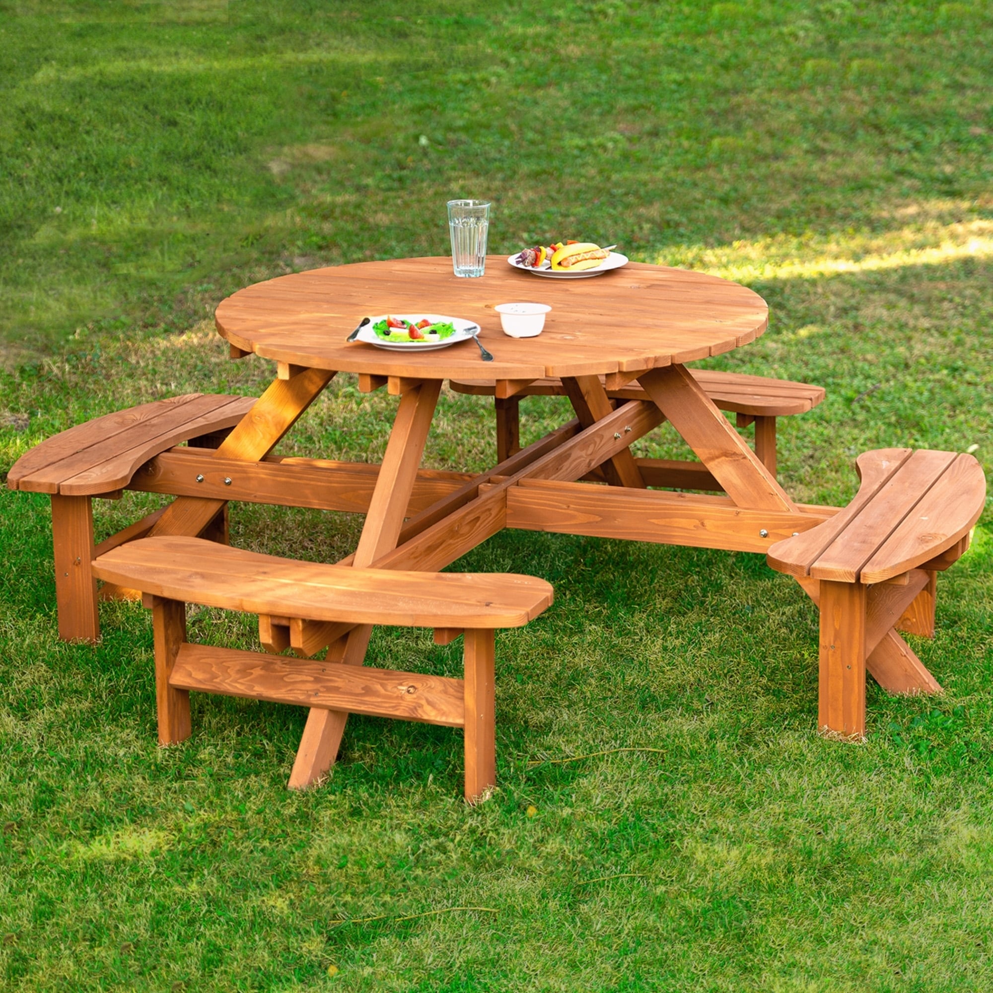 round wooden garden table with seats