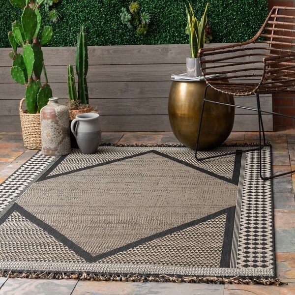 The Curated Nomad Brannan Grey Casual Modern Indoor/Outdoor Striped Tassel Area Rug