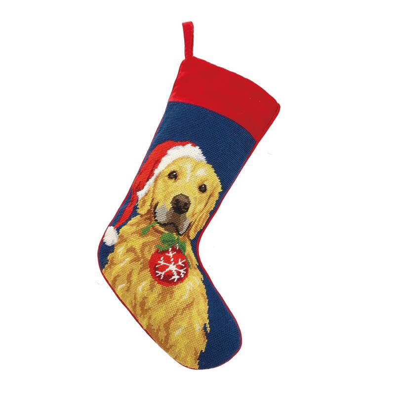 Golden Retriever With Ornament Needlepoint Stocking By Mistletoe and Co.
