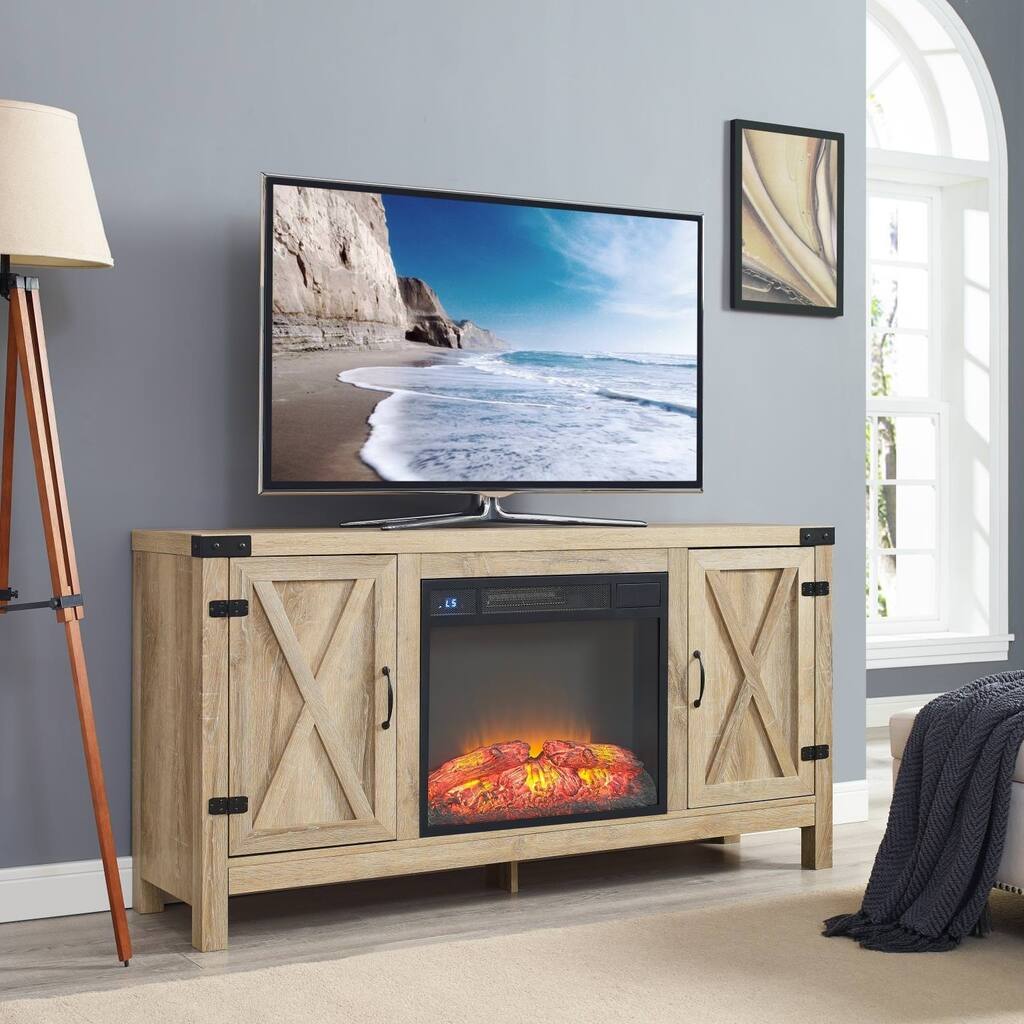 Home Source Esme Blonde Oak Electric Fireplace TV Stand with Barnyard Inspired Side Cabinets