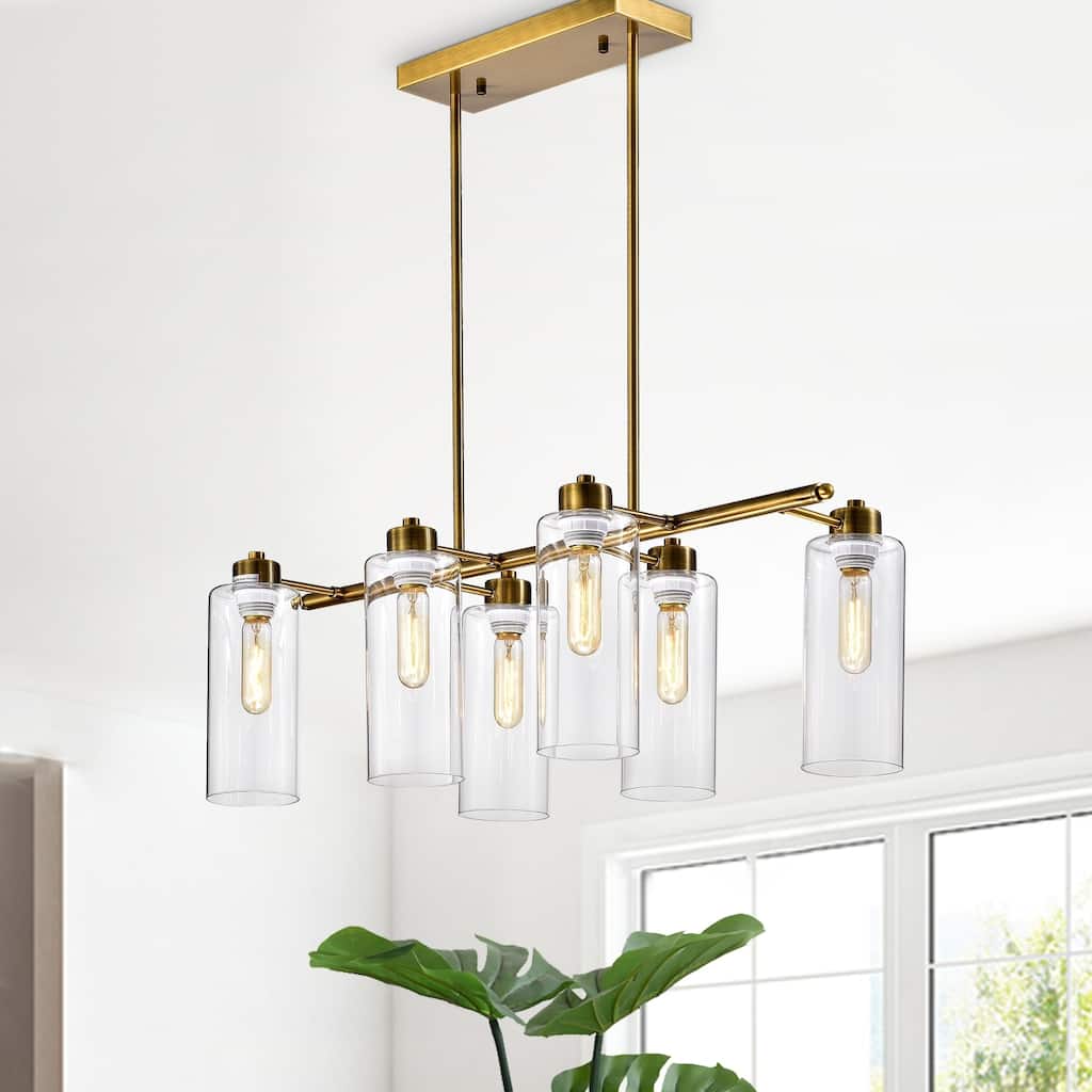 Pameron 6-light Satin Gold Chandelier with Glass Pillar Shades