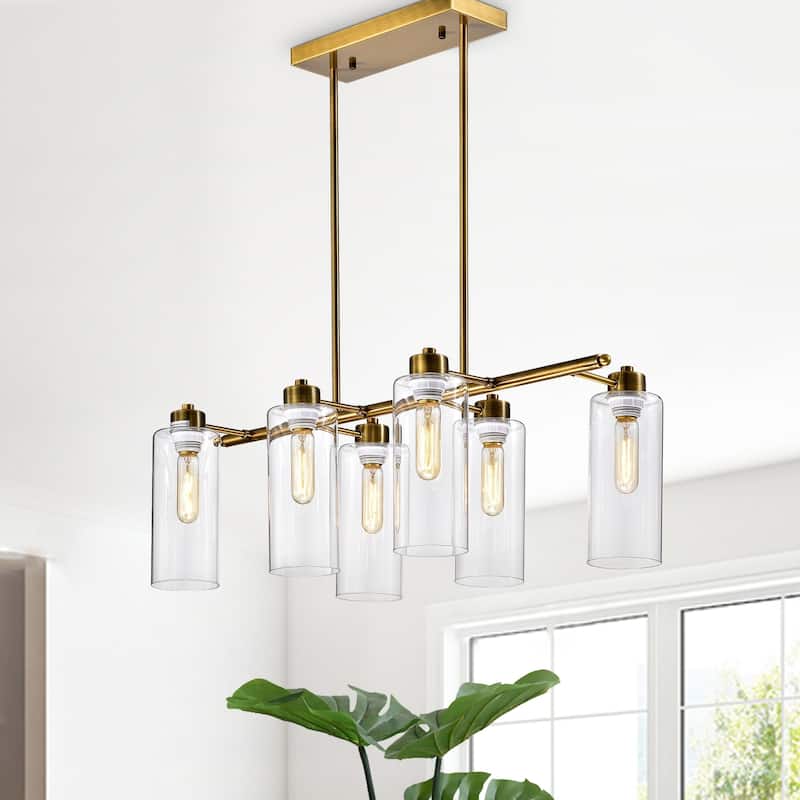 Pameron 6-light Satin Gold Chandelier with Glass Pillar Shades