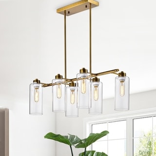 Pameron 6-light Satin Gold Chandelier with Glass Pillar Shades