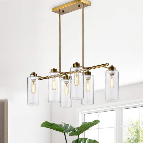 slide 2 of 2, Pameron 6-light Satin Gold Chandelier with Glass Pillar Shades