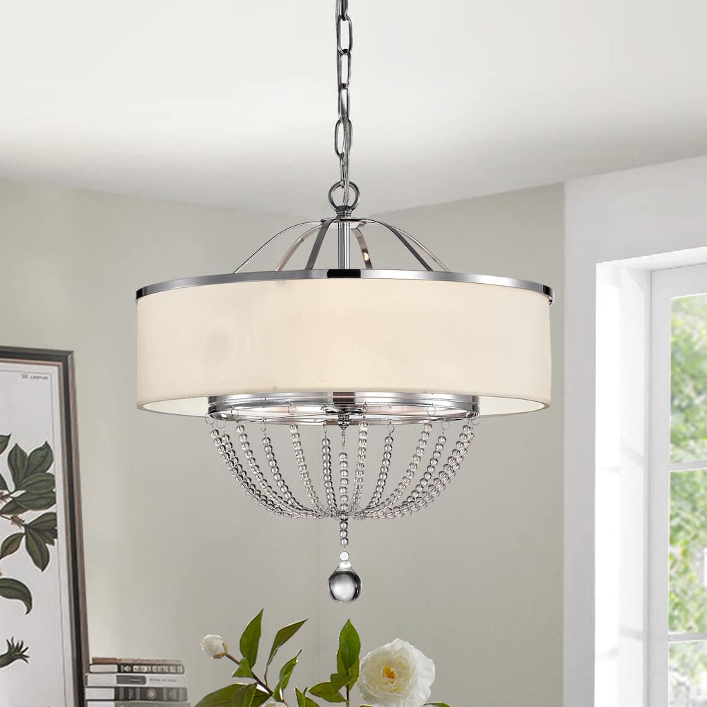 Deanna 3-light 18-inch White Fabric with Chrome & Crystal Pendant Lamp