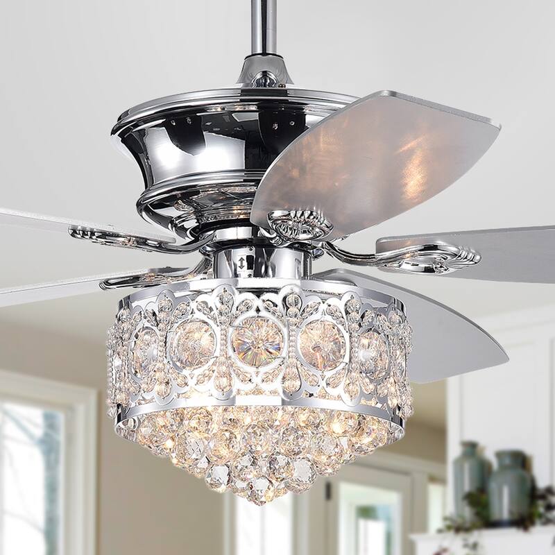 Hasna 52-inch Chrome & Crystal Lighted Ceiling Fan Optional Remote Control (Incl 2 Color Option Blades)
