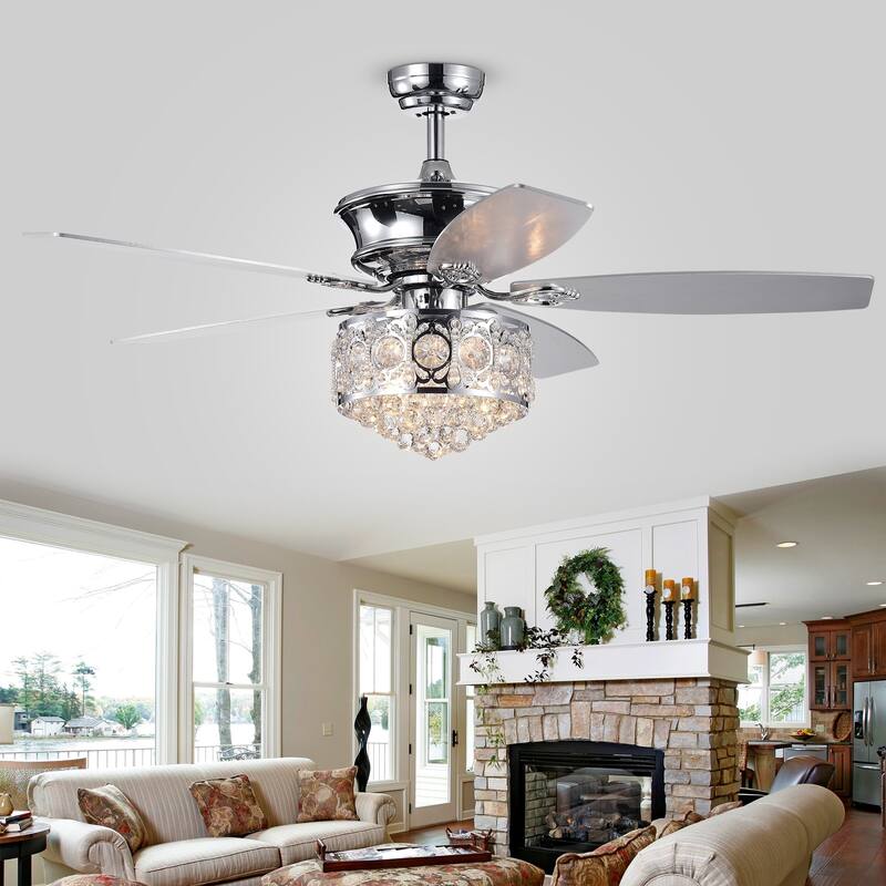 Hasna 52-inch Chrome & Crystal Lighted Ceiling Fan Optional Remote Control (Incl 2 Color Option Blades)
