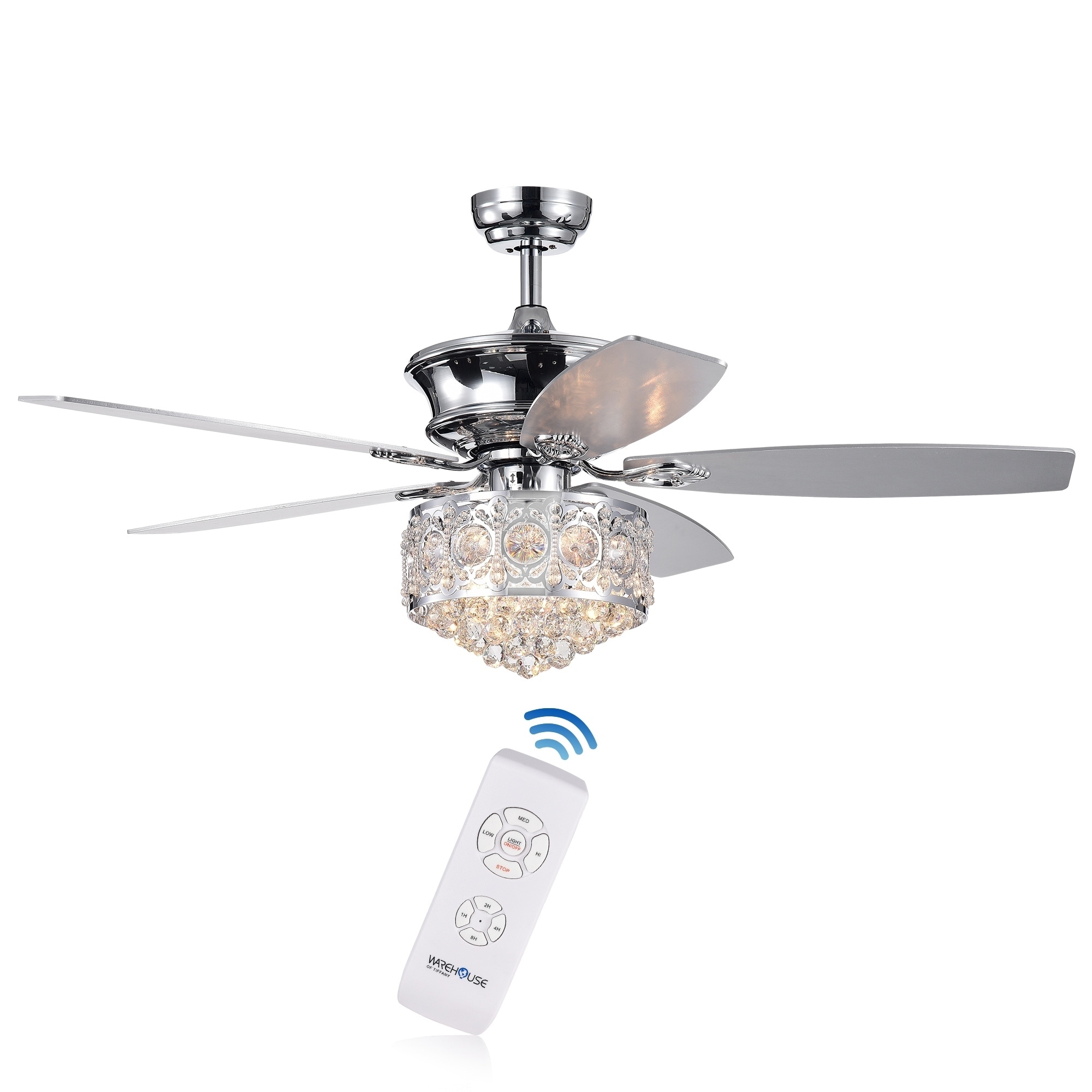 Hasna 52 Inch Chrome Crystal Lighted Ceiling Fan Optional Remote Control Incl 2 Color Option Blades