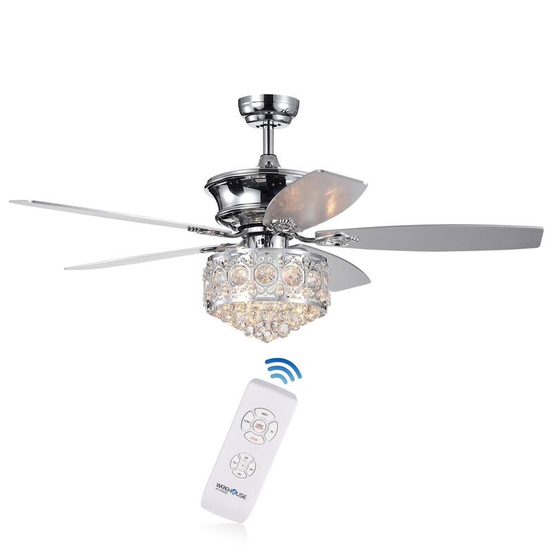 Hasna 52-inch Chrome & Crystal Lighted Ceiling Fan Optional Remote Control (Incl 2 Color Option Blades)