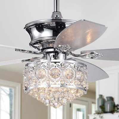 Hasna 52-inch Chrome & Crystal Lighted Ceiling Fan Optional Remote Control (Incl 2 Color Option Blades)