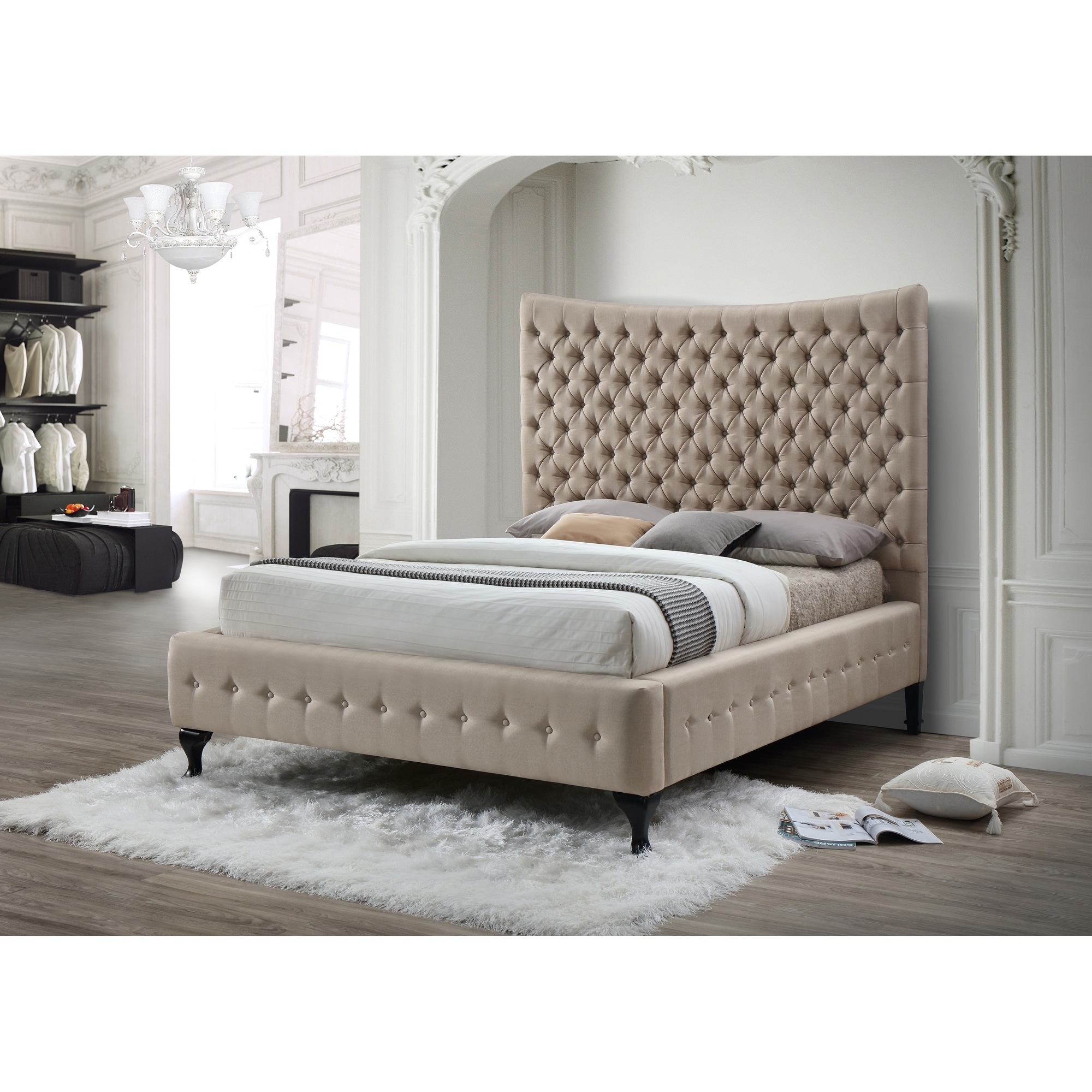 Beige Tufted Classic Linen Queen Platform Bed With A 75 In Tall Headboard No Box Spring Required Overstock 25613673
