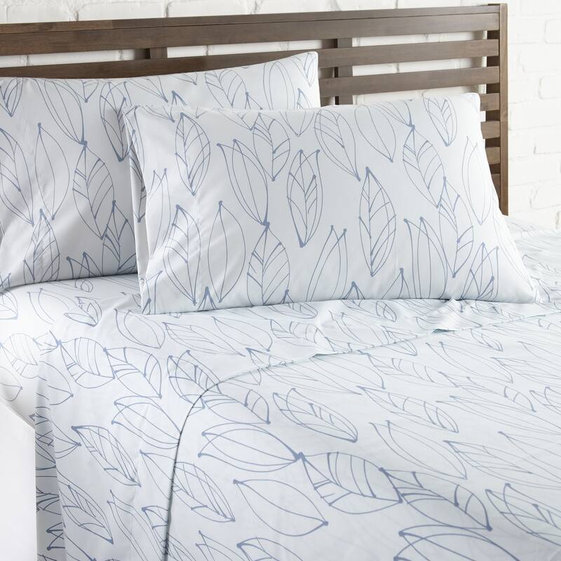 Vilano Choice Ultra-Soft Deep Pocket 4-piece Bed Sheet Sets - white-blue leaves - Queen
