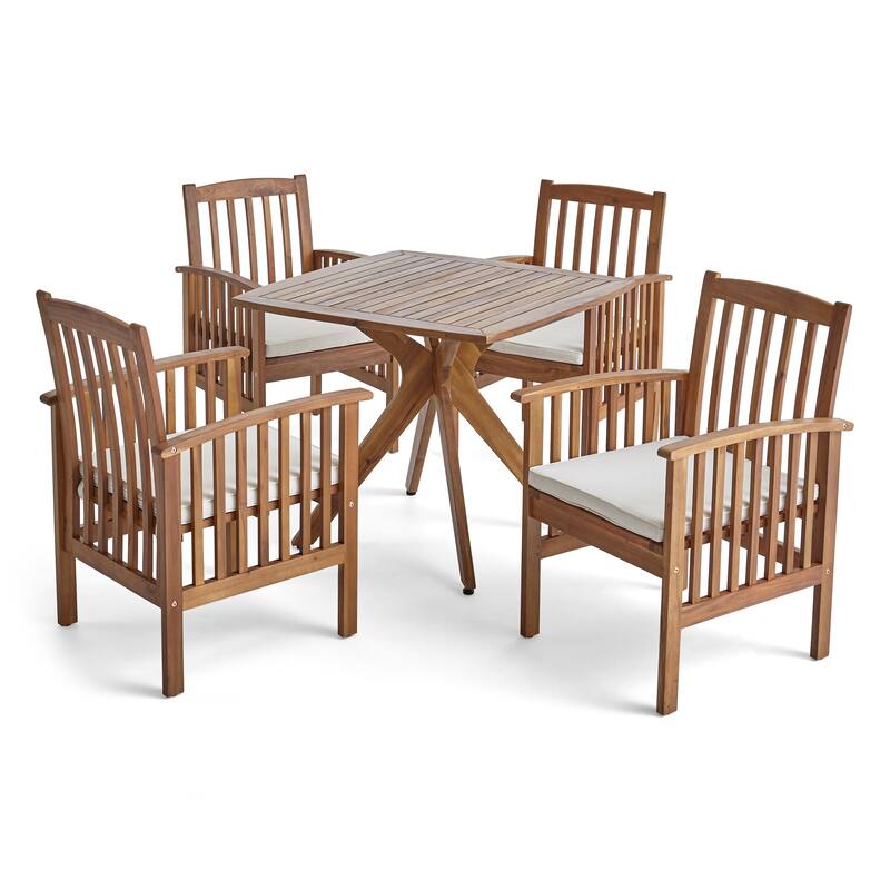 Casa Outdoor 4-Seater 36" Square Acacia Dining Set with X-Legs by Christopher Knight Home - Teak Finish  + Cream Cushion