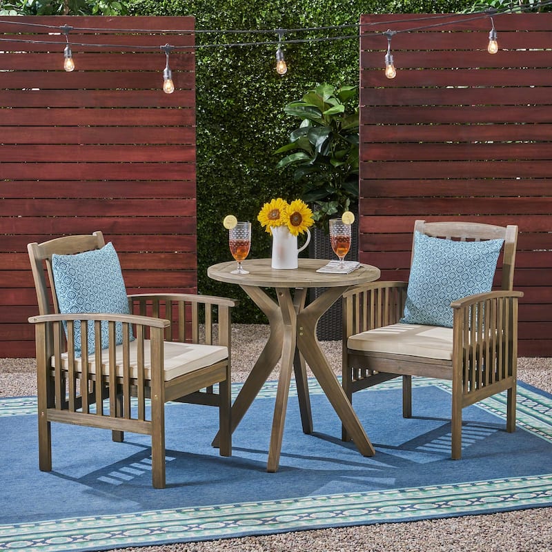 Casa Outdoor 2-Seater 28" Round Acacia Wood Bistro Set with X-Legs by Christopher Knight Home - gray finish + cream cushion