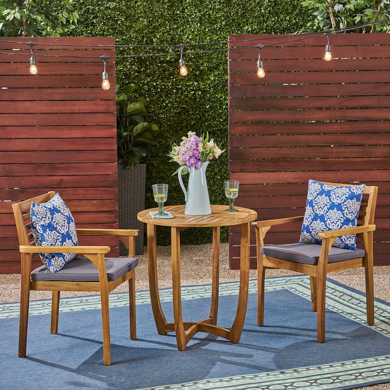 Casa Outdoor 2-Seater 28" Round Acacia Wood Bistro Set with Closed Legs by Christopher Knight Home - Natural Finish + Dark Grey Cushions