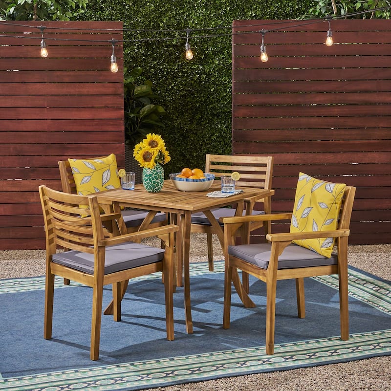 Casa Outdoor 4-Seater 32" Square Acacia Dining Set with Carved Legs by Christopher Knight Home - Teak Finish + Dark Gray