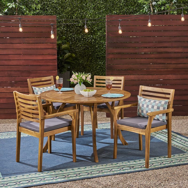 Casa Outdoor 4-Seater 47" Round Acacia Dining Set with Carved Legs by Christopher Knight Home - Teak Finish + Dark Grey Cushion