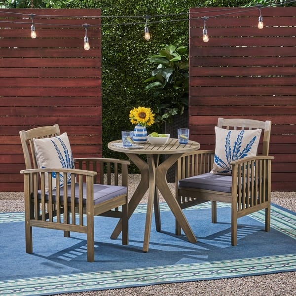 slide 1 of 10, Casa Outdoor 2-Seater 28" Round Acacia Wood Bistro Set with X-Legs by Christopher Knight Home gray finish + dark gray cushion