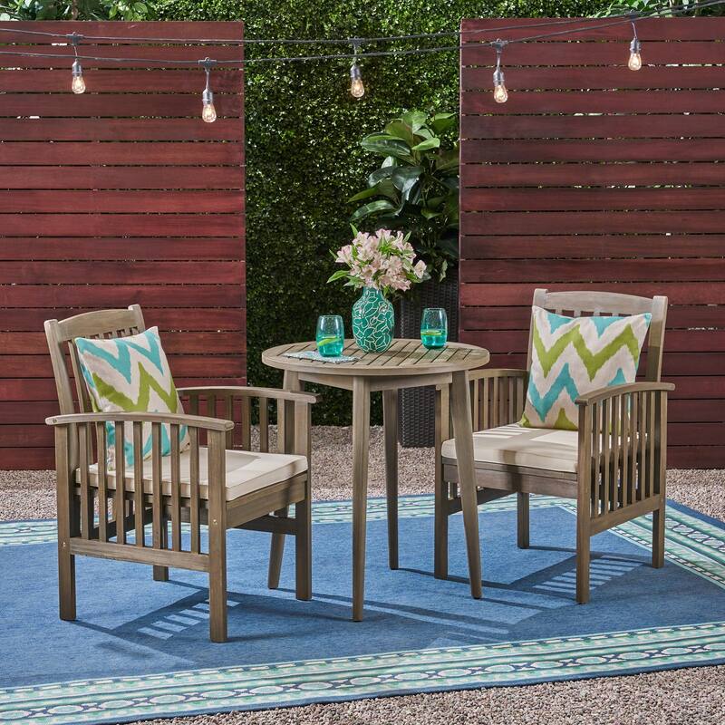 Casa Outdoor 2-Seater Acacia Wood Bistro Set by Christopher Knight Home - gray finish + cream cushion