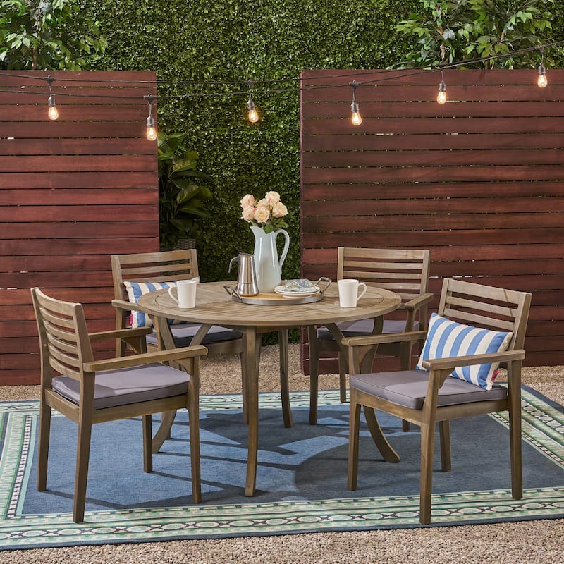 Casa Outdoor 4-Seater 47" Round Acacia Dining Set with Carved Legs by Christopher Knight Home - Gray Finish + Dark Gray