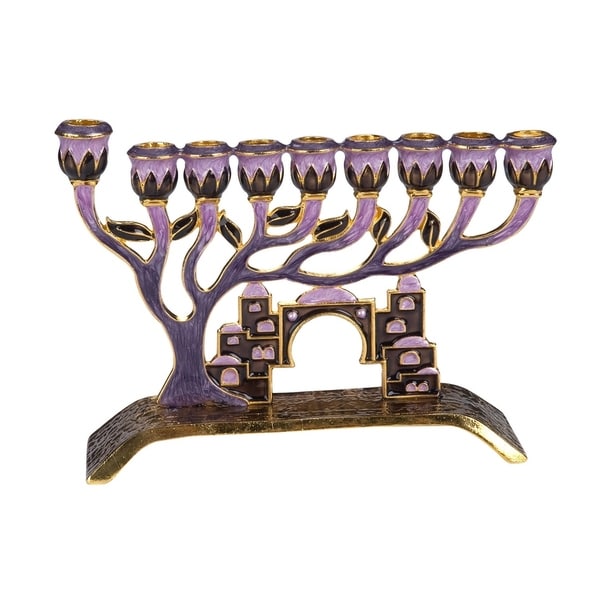 Gift Mark Decorative Menorah with Tree of Life and Crystal Accents of Old Jerusalem - Plum