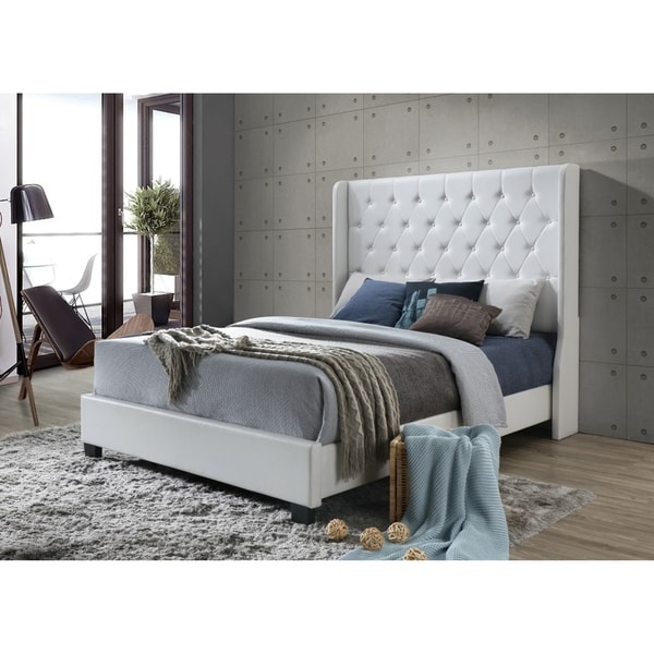 Shop White Tufted Modern Faux Leather Wingback Queen Platform Bed with