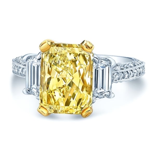 Platinum & 18K Yellow Gold Radiant Cut Fancy Yellow Diamond (5 ct. t.w) Engagement Ring, Size 6. Opens flyout.