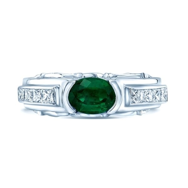 18K White Gold Emerald and Princess Cut Diamond (0.55 ct. t.w) Statement Ring, Size 5.5