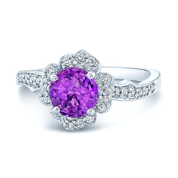 14K White Gold Pink Sapphire and Round Cut Diamond (0.35 ct. t.w) Halo Statement Ring, Size 7