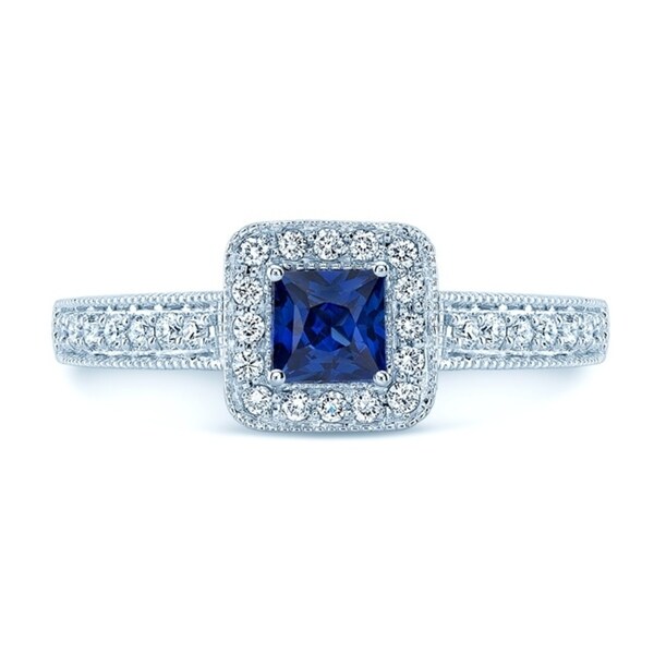 Square Blue Sapphire & Diamond Vintage Halo Ring In 14k White Gold, Size 7