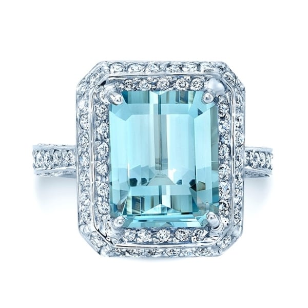 18K White Gold Aquamarine and Round Cut Diamond (0.8 ct. t.w) Statement Ring, Size 7