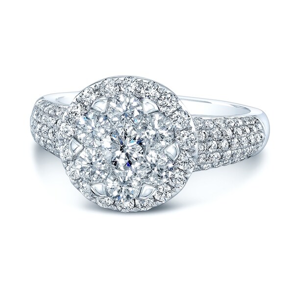 14K White Gold Round Cut Diamond (1.48 ct. t.w) Halo Engagement Ring, Size 7
