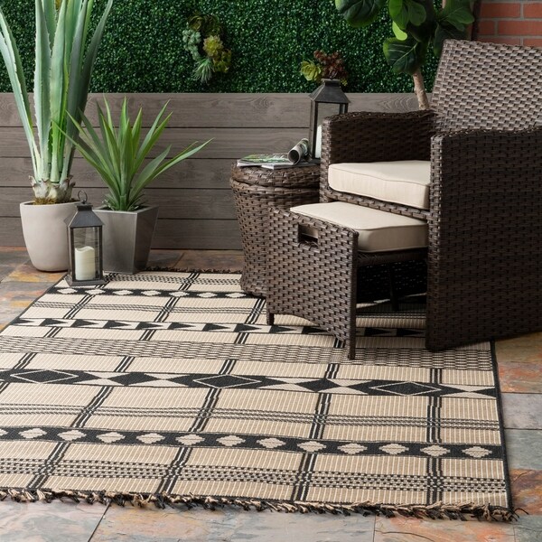 The Curated Nomad Brannan Ivory Casual Modern Striped Aztec Indoor/Outdoor Tassel Area Rug