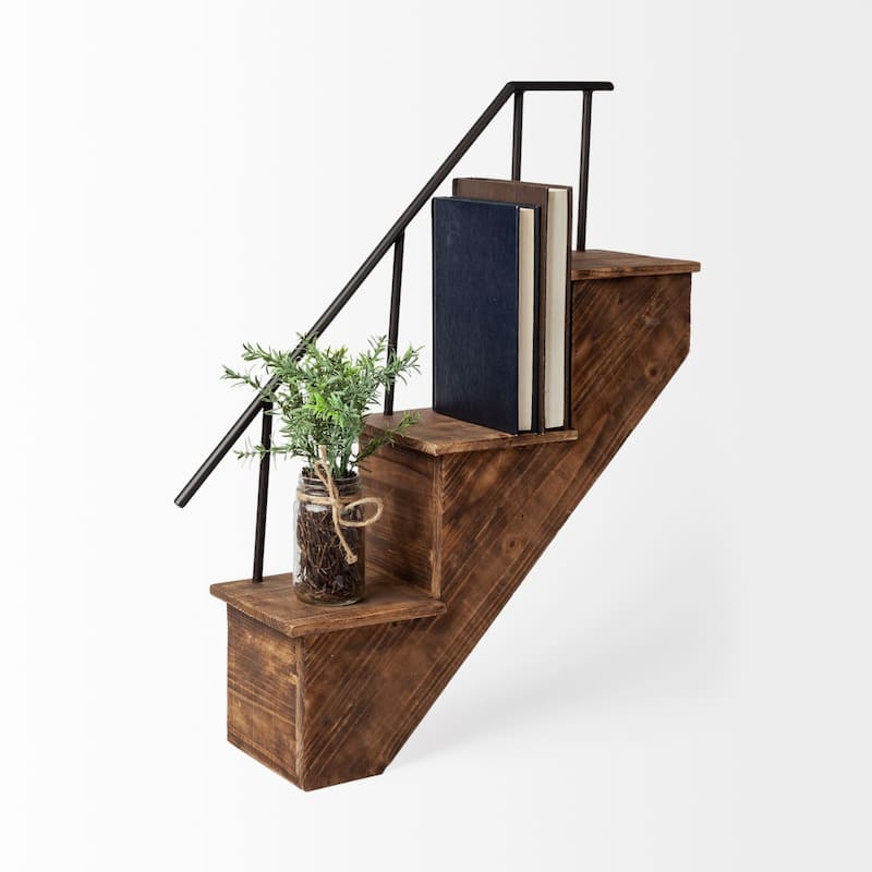 Page Brown Wood And Black Metal Staircased Wall Shelving Unit - 11"W x 6.7"D x 28.9"H