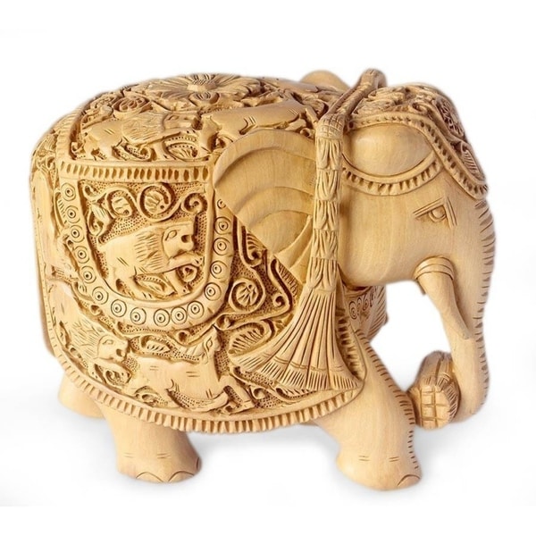 Handmade Elephant Goes Hunting Wood Sculpture (India)