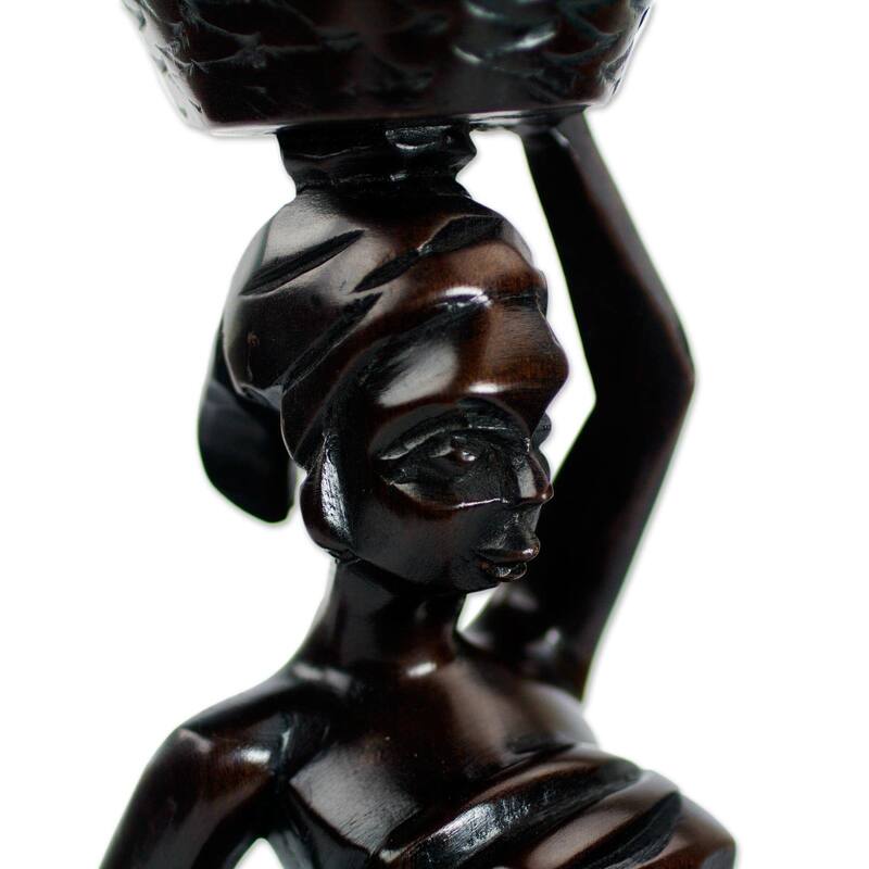 Handmade Ahokeka Ebony Wood Sculpture (Ghana) - 12.75" H x 3.9" W x 2.8" D