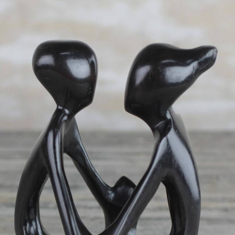 Handmade Family Unity Ebony Wood Sculpture (Ghana) - 6.75" H x 4.1" W x 4.1" D