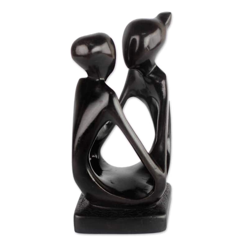 Handmade Family Unity Ebony Wood Sculpture (Ghana) - 6.75" H x 4.1" W x 4.1" D
